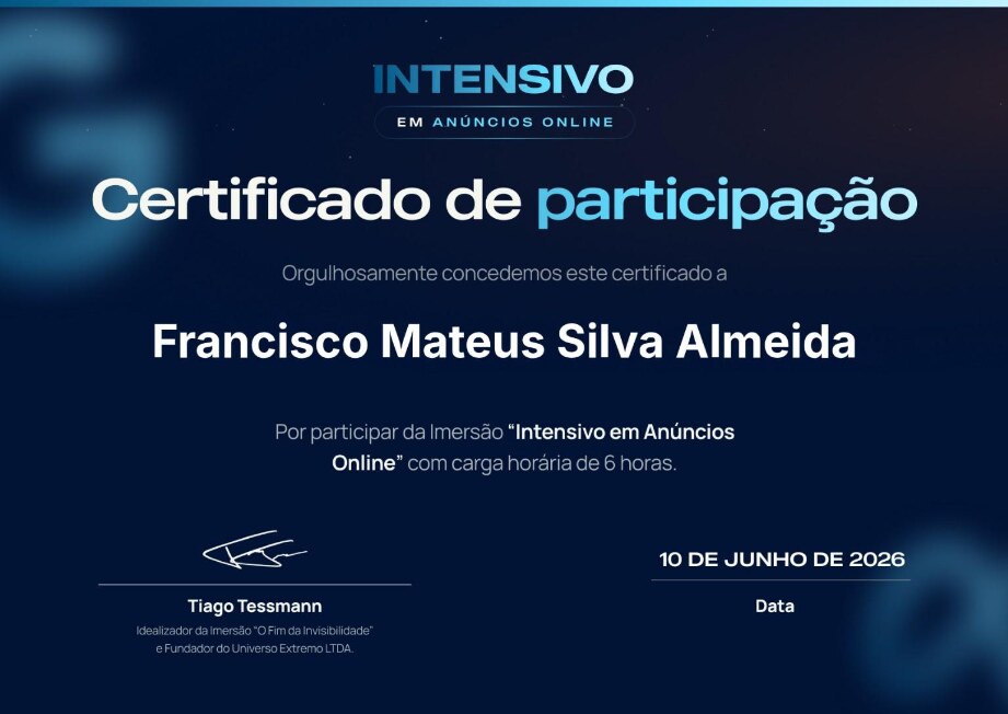 Certificado Intensivo em Anúncios Online — Tiago Tessmann